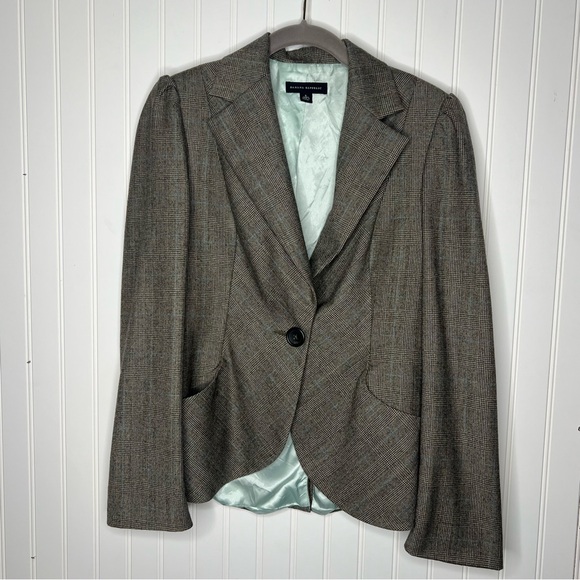 Banana Republic Wool Blazer Brown Houndstooth Bias Plaid Peplum Size 6 - Picture 1 of 16